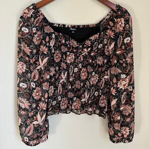 Madewell Smocked Dark Floral Top Semi Sheer Balloon Sleeve Sweetheart Neckline